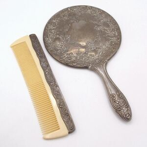 Vintage Silver Plate Hand Mirror and Comb Set Ornate Victorian Floral Repoussé